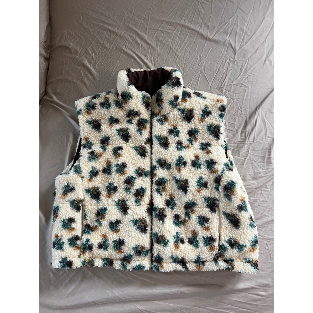 Thread & Supply Sherpa Leopard Print Fleece Vest Brown Cream Full Zip Women's M